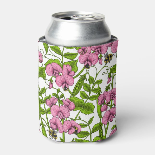 Sweet peas and bumblebees, pink, green and white can cooler (Can Front)