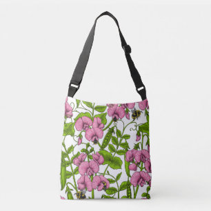 Sweet peas and bumblebees, pink, green and white crossbody bag