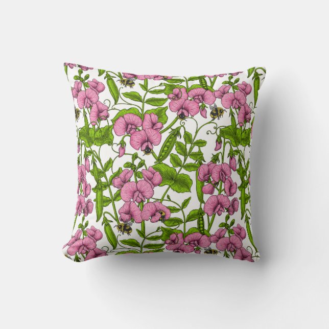 Sweet peas and bumblebees, pink, green and white cushion (Front)