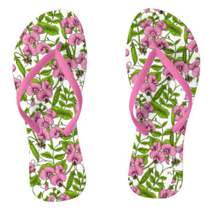 Sweet peas and bumblebees, pink, green and white flip flops