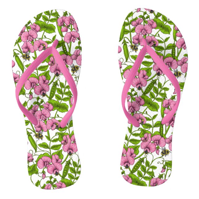 Sweet peas and bumblebees, pink, green and white flip flops (Footbed)