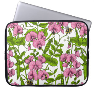 Sweet peas and bumblebees, pink, green and white laptop sleeve