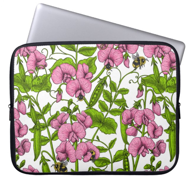 Sweet peas and bumblebees, pink, green and white laptop sleeve (Front)