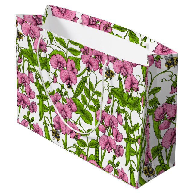 Sweet peas and bumblebees, pink, green and white large gift bag (Back Angled)