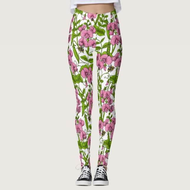 Sweet peas and bumblebees, pink, green and white leggings (Front)