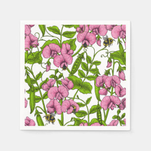 Sweet peas and bumblebees, pink, green and white napkin