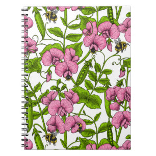 Sweet peas and bumblebees, pink, green and white notebook