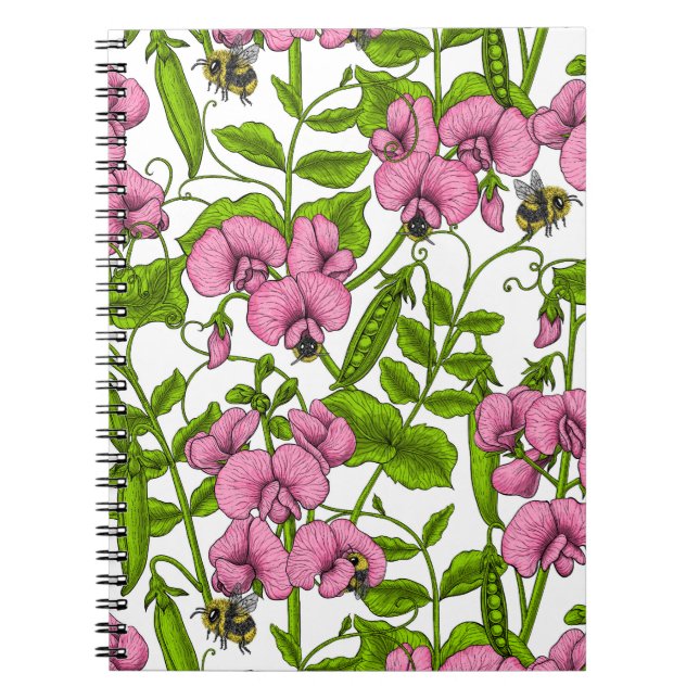 Sweet peas and bumblebees, pink, green and white notebook (Front)