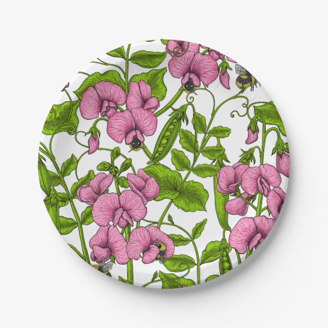 Sweet peas and bumblebees, pink, green and white paper plate (Front)