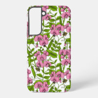 Sweet peas and bumblebees, pink, green and white