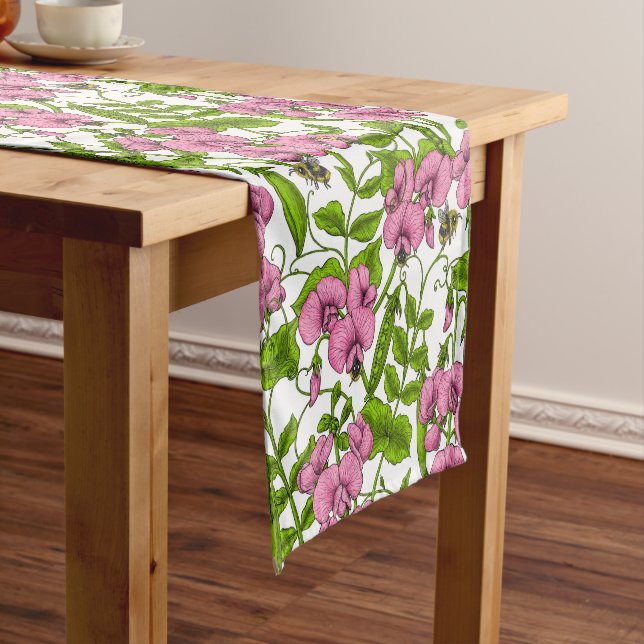 Sweet peas and bumblebees, pink, green and white short table runner (In Situ)