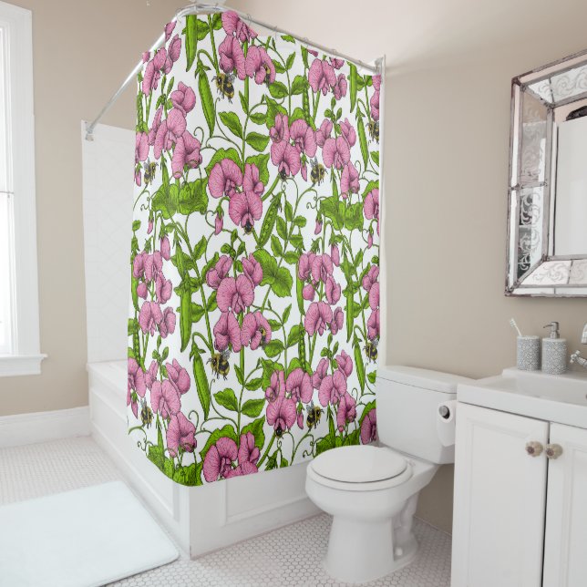 Sweet peas and bumblebees, pink, green and white shower curtain (In Situ)