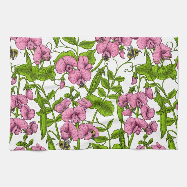 Sweet peas and bumblebees, pink, green and white tea towel (Horizontal)