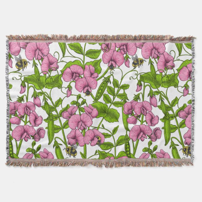 Sweet peas and bumblebees, pink, green and white throw blanket (Front)