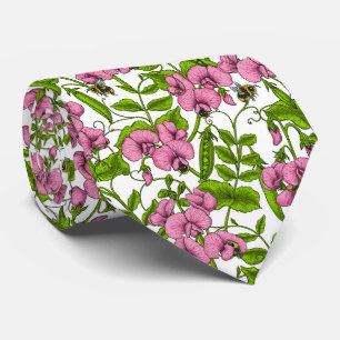 Sweet peas and bumblebees, pink, green and white tie