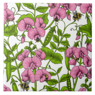 Sweet peas and bumblebees, pink, green and white tile