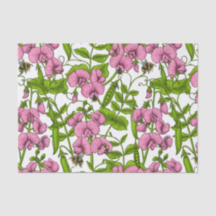 Sweet peas and bumblebees, pink, green and white tissue paper