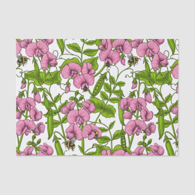 Sweet peas and bumblebees, pink, green and white tissue paper (Front)