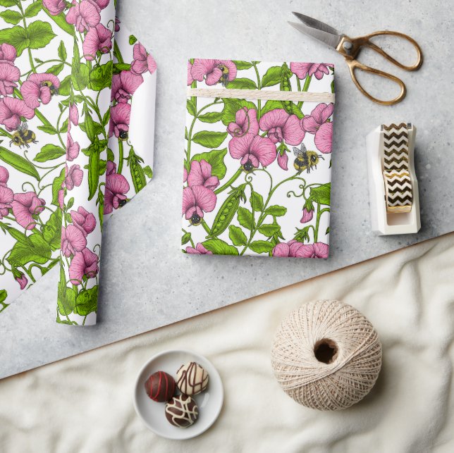 Sweet peas and bumblebees, pink, green and white wrapping paper (Crafts)