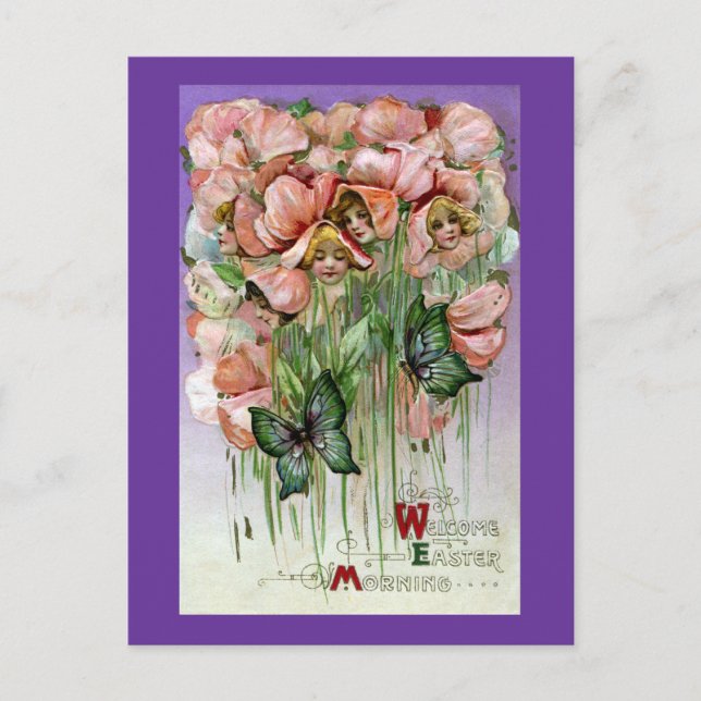 Sweet Peas and Butterflies Vintage Easter Holiday Postcard (Front)
