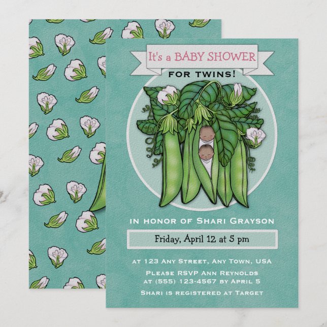 Sweet Peas Ethnic Twins Baby Shower Invitation (Front/Back)