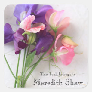 Sweet peas on textured paper bookplate square sticker