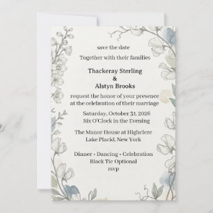 Sweet Peas, Watercolor Foliage, Botanical Line Art Invitation