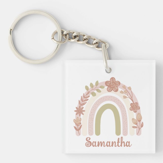 Sweet Personalised Boho Floral Rainbow  Key Ring (Front)