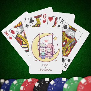 Sweet Personalised Chibi-Style Moon Swing Couple  Playing Cards