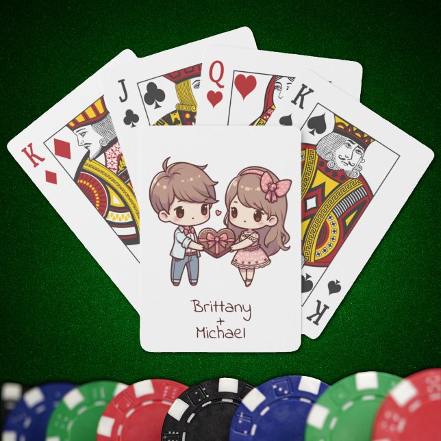 Sweet Personalised Chibi-Style Valentine Couple  Playing Cards (Personalized Chibi-Style Valentine Couple)