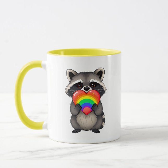 Sweet Personalised Racoon with Rainbow Heart Mug (Left)