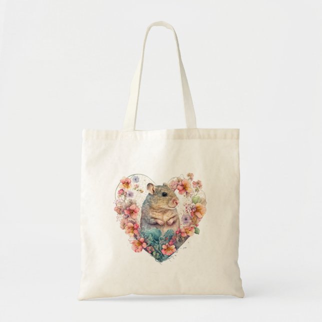 Sweet Pet Mouse in a Floral Heart Wreath Tote Bag (Front)