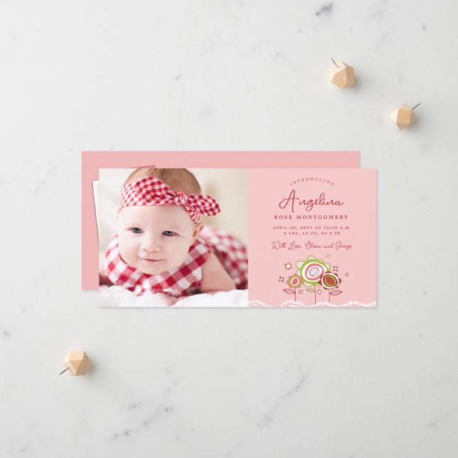 Sweet Petite Pink Blooms Baby Girl Photo Birth Announcement (Front/Back In Situ)