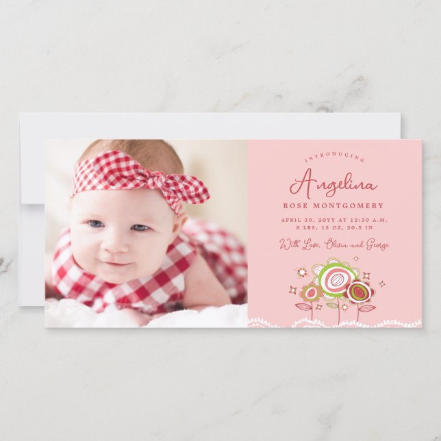 Sweet Petite Pink Blossoms Baby Girl Photo Birth Announcement (Front)