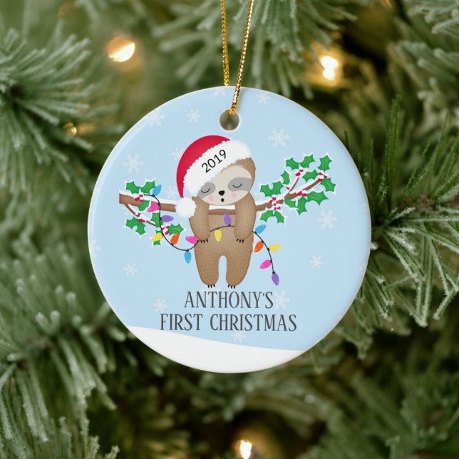 Sweet Photo Sleepy Sloth Baby's First Christmas Ceramic Tree Decoration (Tree)