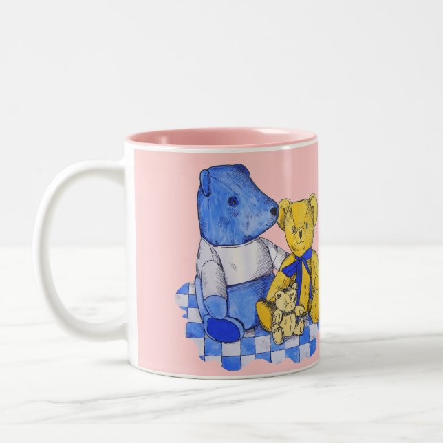 sweet picture of three cute old teddies kids Two-Tone coffee mug (Left)