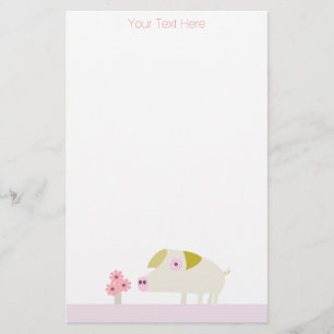 Sweet Pig and Pink Flowers Stationery