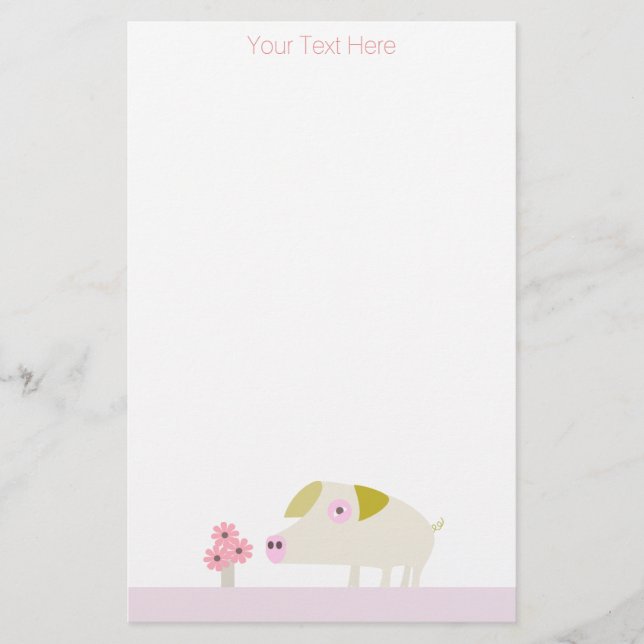 Sweet Pig and Pink Flowers Stationery (Front)