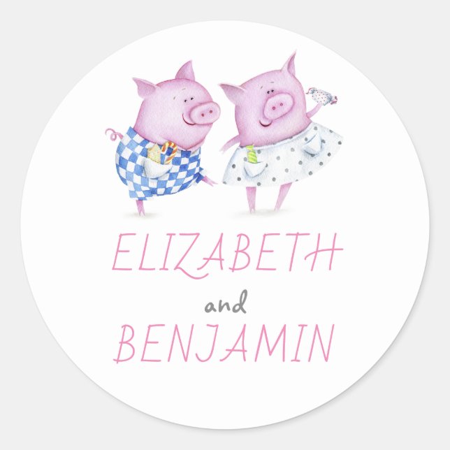 Sweet Pigs Couple Wedding Classic Round Sticker (Front)