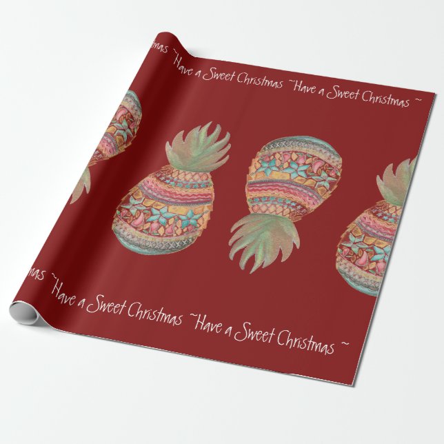 Sweet Pineapple Christmas Wrapping Red Paper (Unrolled)