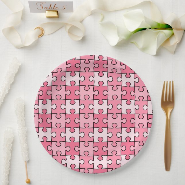 Sweet Pink and Black Puzzle Pieces Paper Plate (Wedding)