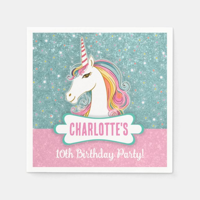 Sweet Pink and Blue Unicorn Birthday Party Napkin (Front)