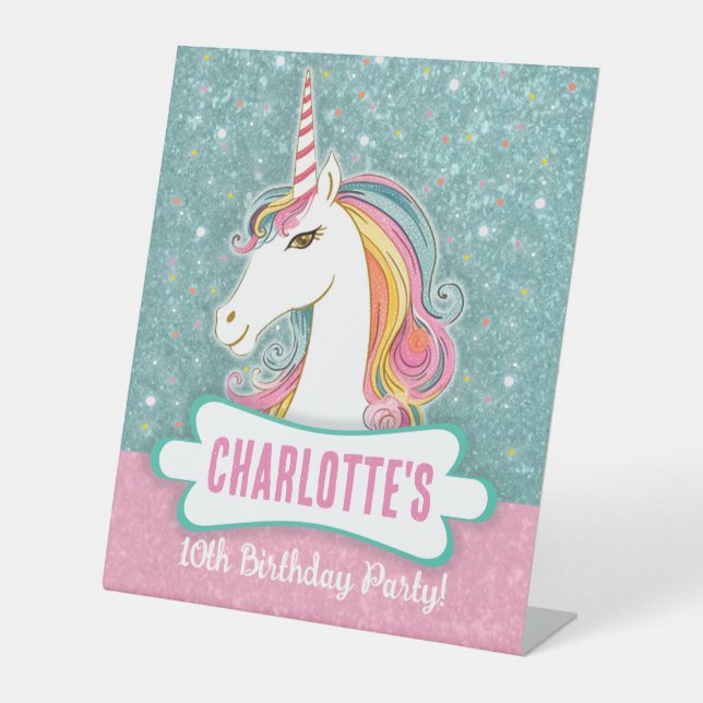 Sweet Pink and Blue Unicorn Birthday Party Pedestal Sign (Front)