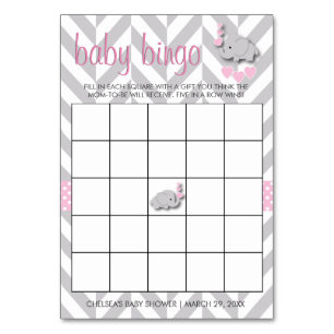 Sweet Pink and Grey Elephant Baby Shower Bingo Table Number