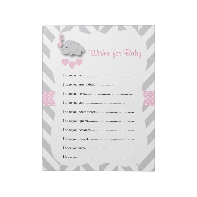 Sweet Pink and Grey Elephant Baby Shower - Wishes Notepad (Rotated)