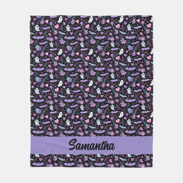Sweet Pink and Purple Halloween Bats and Ghosts Fleece Blanket (Front)