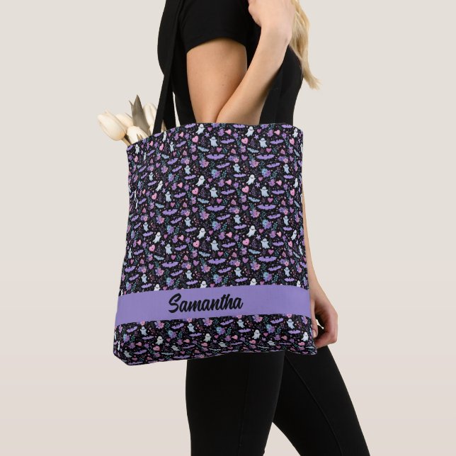 Sweet Pink and Purple Halloween Bats and Ghosts Tote Bag (Close Up)