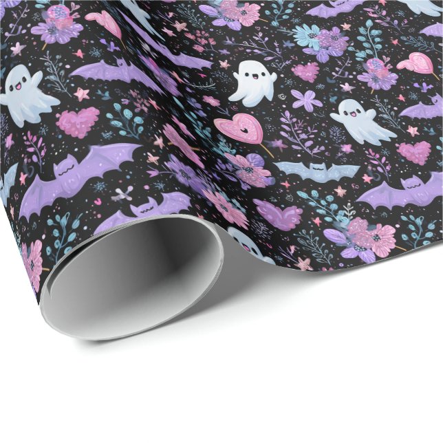 Sweet Pink and Purple Halloween Bats and Ghosts Wrapping Paper (Roll Corner)