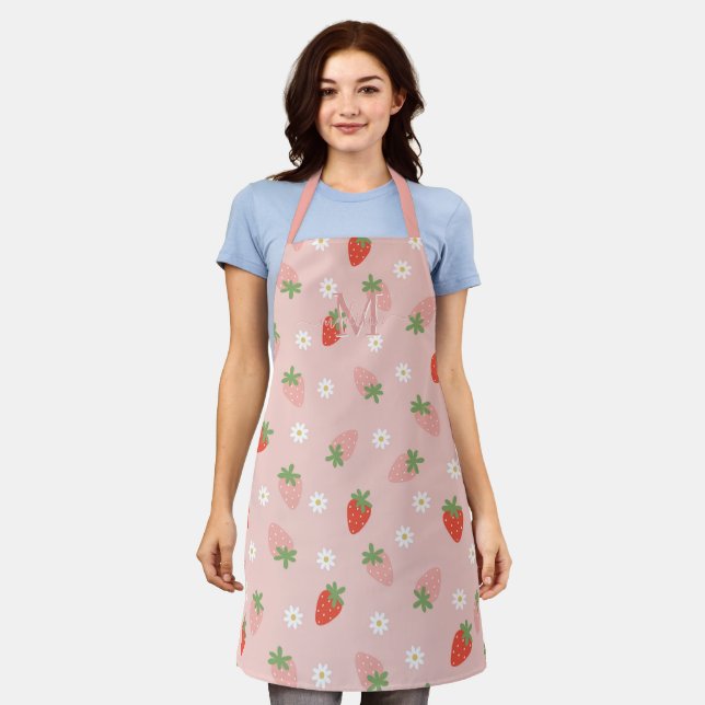 Sweet Pink and Red Strawberries Monogram Apron (Worn)