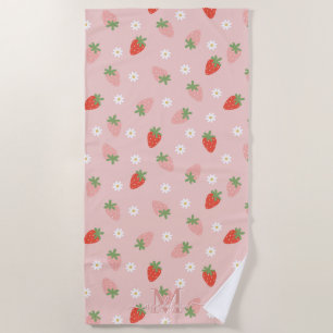 Sweet Pink and Red Strawberries Monogram Beach Towel